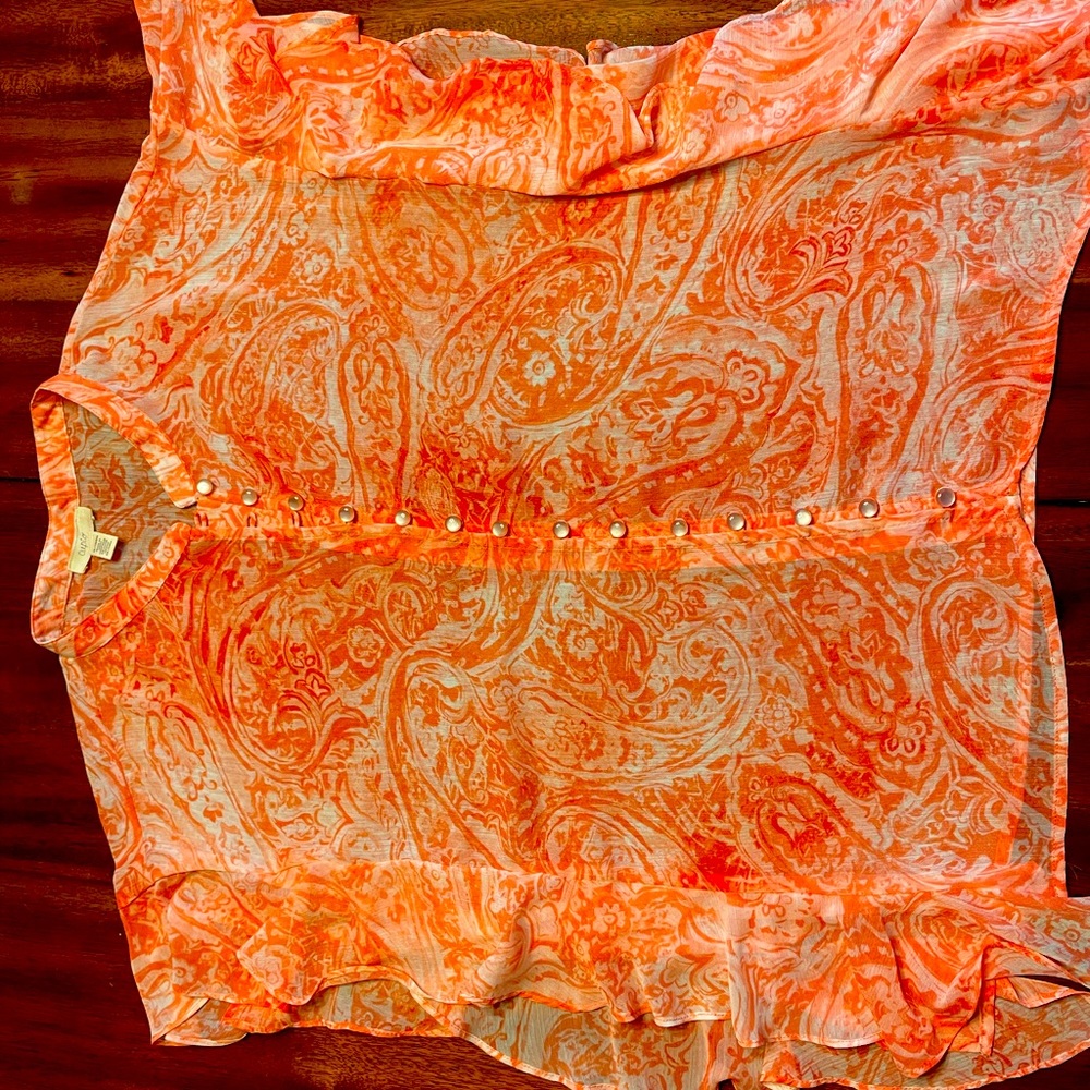 Shear coral and white blouse